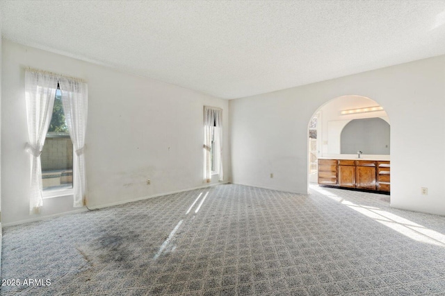 carpeted empty room featuring a textured ceiling and sink