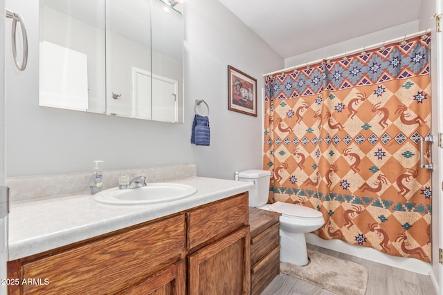 bathroom with vanity, toilet, and curtained shower