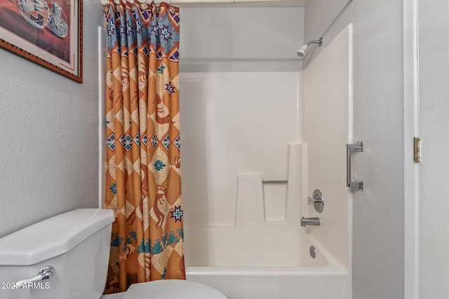 bathroom with toilet and shower / bathtub combination with curtain