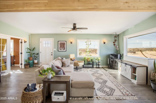 living room with wood-type flooring and ceiling fan