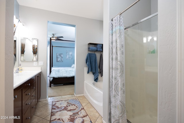 bathroom featuring shower with separate bathtub, tile patterned flooring, ceiling fan, and vanity