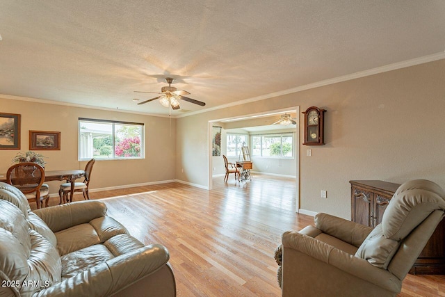 living room featuring ornamental molding, ceiling fan, and light wood-type flooring