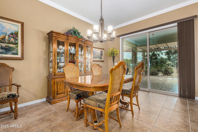 dining space with a notable chandelier, light tile patterned flooring, and ornamental molding