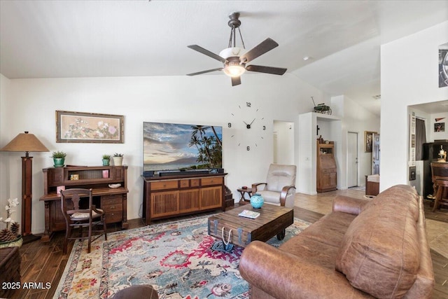 living room featuring lofted ceiling, ceiling fan, and wood finished floors