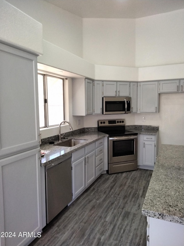 kitchen with dark hardwood / wood-style flooring, sink, gray cabinetry, and appliances with stainless steel finishes