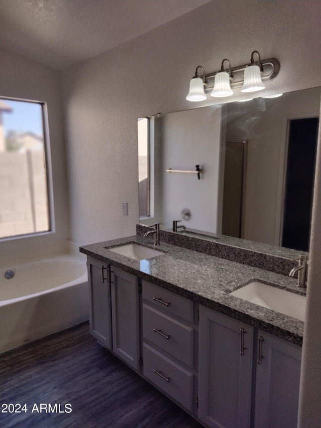 bathroom with a bathing tub, vanity, and wood-type flooring