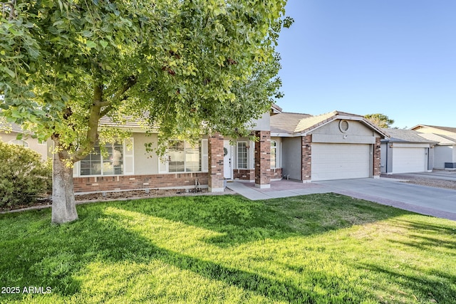 view of property hidden behind natural elements featuring a garage and a front lawn