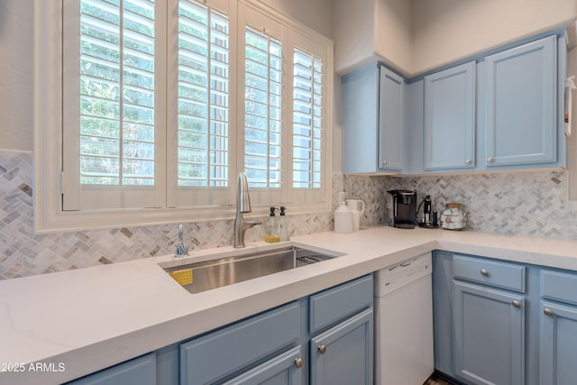 8180 E Shea Blvd Unit 1043, Scottsdale, AZ 85260 - kitchen featuring dishwasher, decorative backsplash, and blue cabinetry