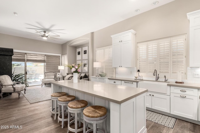 kitchen with white cabinets, a sink, a ceiling fan, decorative backsplash, and wood finished floors
