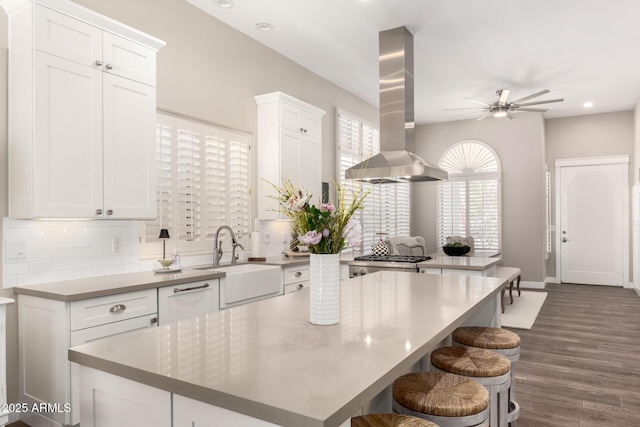 kitchen with a ceiling fan, a sink, island exhaust hood, and tasteful backsplash