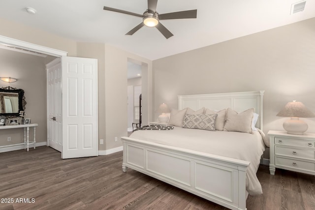 bedroom featuring visible vents, a ceiling fan, dark wood finished floors, and baseboards
