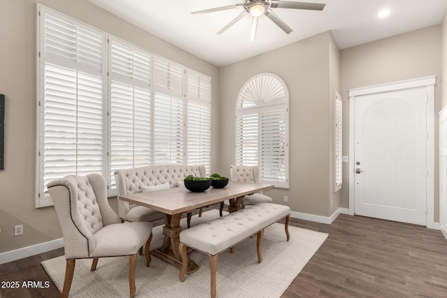 dining room featuring baseboards, a ceiling fan, wood finished floors, and recessed lighting