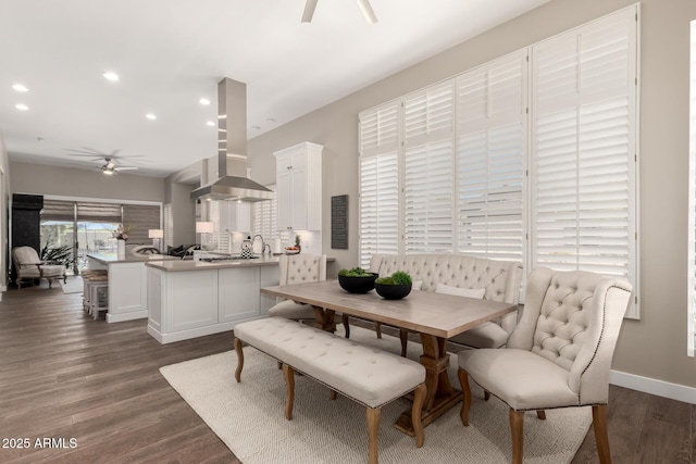 dining room with recessed lighting, dark wood-type flooring, baseboards, and ceiling fan