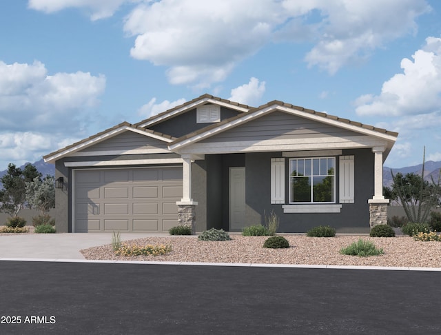 7596 W Saddlehorn Rd, Peoria, AZ 85383 - view of front facade featuring driveway, an attached garage, a tile roof, and stucco siding