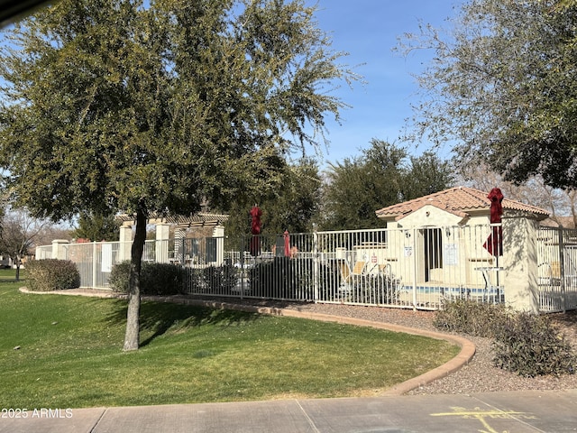 view of front of home with a playground and a front lawn