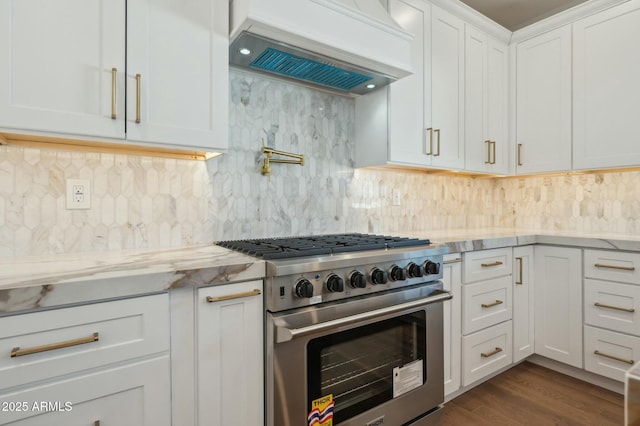 kitchen with light stone countertops, premium range hood, high end stainless steel range oven, white cabinetry, and tasteful backsplash