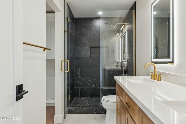 bathroom featuring an enclosed shower, vanity, and toilet