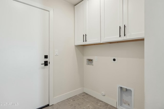 washroom with hookup for a gas dryer, electric dryer hookup, hookup for a washing machine, and cabinets