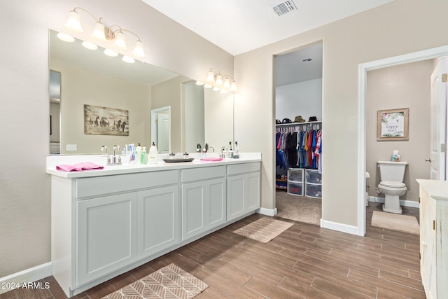 bathroom featuring toilet, vanity, and wood-type flooring