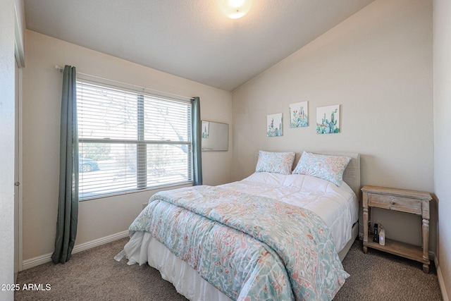 bedroom featuring carpet flooring and vaulted ceiling