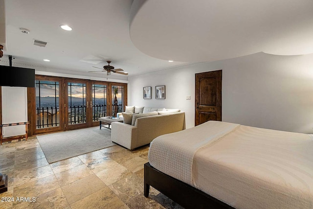 bedroom with ceiling fan, access to exterior, and crown molding