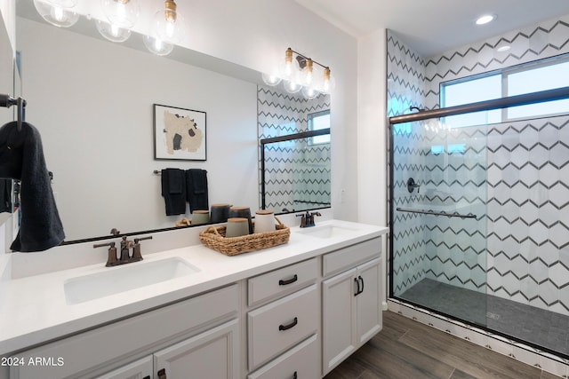 bathroom with vanity, a shower with shower door, and a healthy amount of sunlight