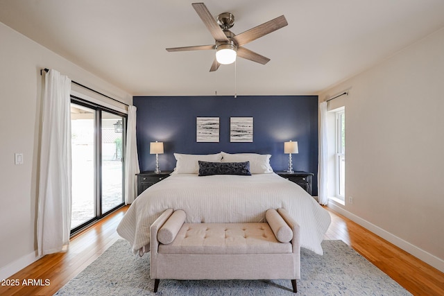 bedroom with ceiling fan, access to outside, baseboards, and light wood-style flooring