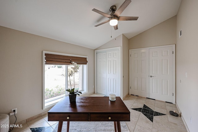 office area featuring lofted ceiling, visible vents, ceiling fan, and baseboards