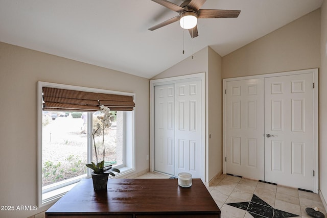 office featuring lofted ceiling and ceiling fan