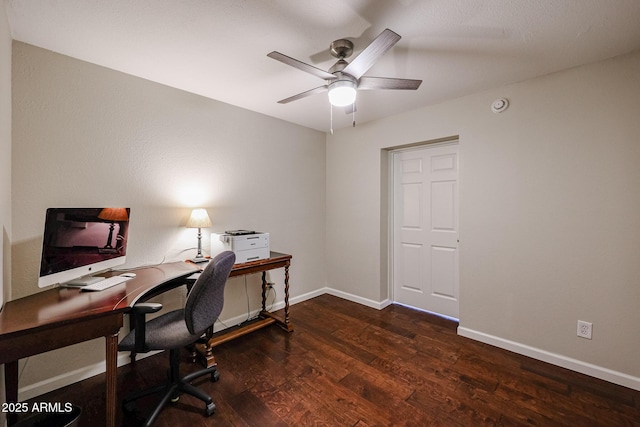 office with wood finished floors, a ceiling fan, and baseboards