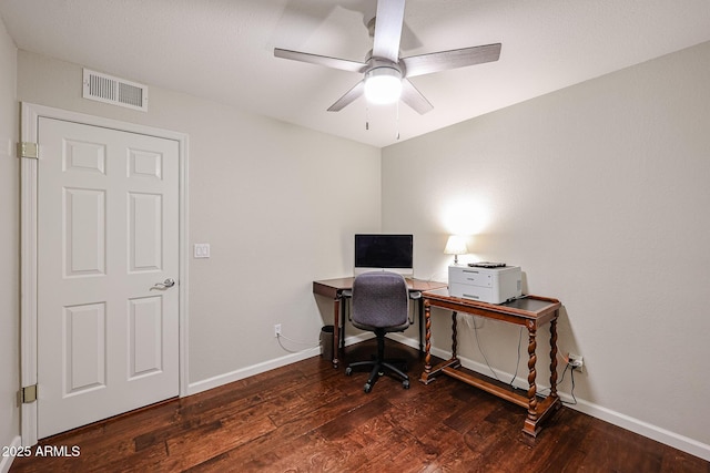 office space with a ceiling fan, visible vents, baseboards, and wood finished floors