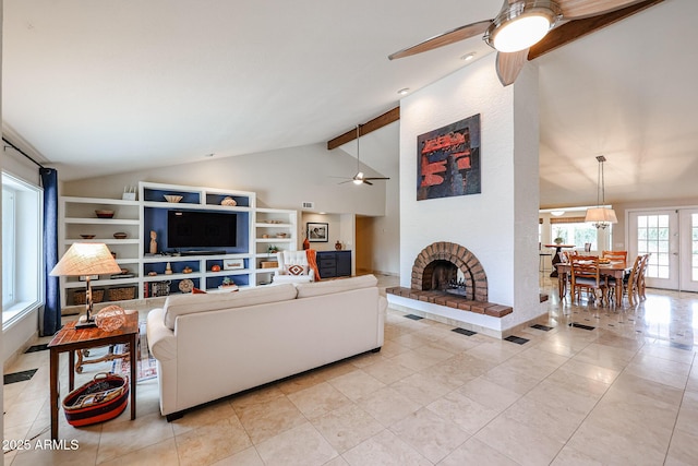 living area featuring beam ceiling, a fireplace, a ceiling fan, light tile patterned flooring, and high vaulted ceiling