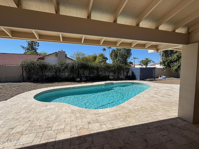 view of pool featuring a patio, a fenced backyard, and a fenced in pool