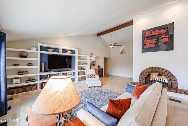 tiled living room with ceiling fan, high vaulted ceiling, baseboards, a brick fireplace, and beamed ceiling