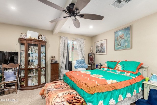 bedroom with a ceiling fan, visible vents, beam ceiling, carpet flooring, and recessed lighting