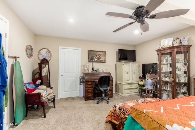 bedroom featuring a ceiling fan, light colored carpet, and recessed lighting
