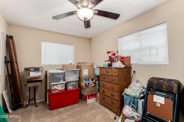 storage room featuring ceiling fan