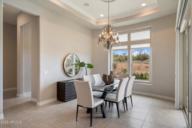 8597 E Arroyo Seco Rd, Scottsdale, AZ 85266 - dining area with recessed lighting, ornamental molding, light tile patterned flooring, baseboards, and a chandelier