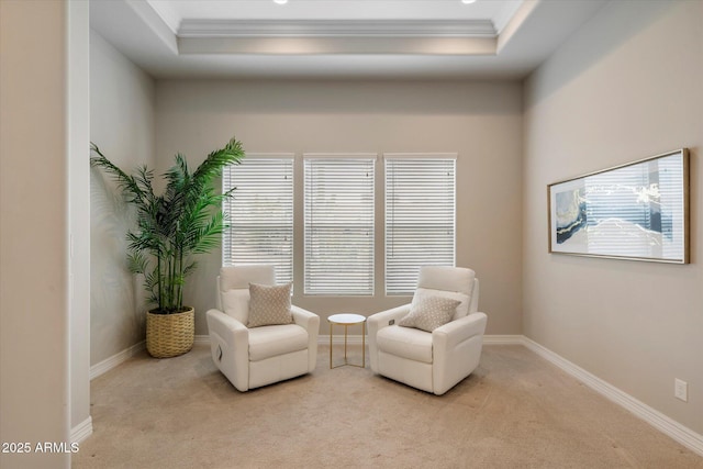 8597 E Arroyo Seco Rd, Scottsdale, AZ 85266 - living area with carpet floors, ornamental molding, a tray ceiling, and baseboards