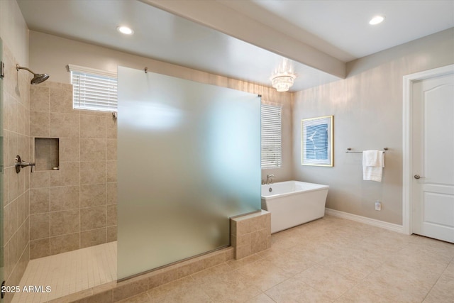 8597 E Arroyo Seco Rd, Scottsdale, AZ 85266 - full bathroom with tile patterned flooring, recessed lighting, a freestanding bath, and a tile shower