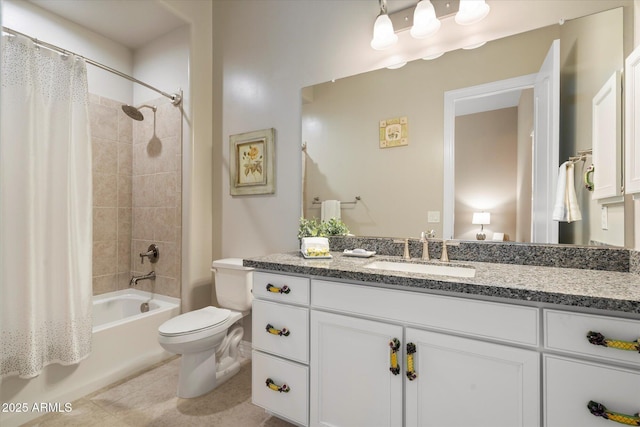 8597 E Arroyo Seco Rd, Scottsdale, AZ 85266 - bathroom with shower / bath combination with curtain, toilet, vanity, and tile patterned floors