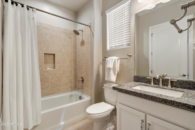 8597 E Arroyo Seco Rd, Scottsdale, AZ 85266 - full bath with tile patterned flooring, shower / bath combination with curtain, toilet, and vanity