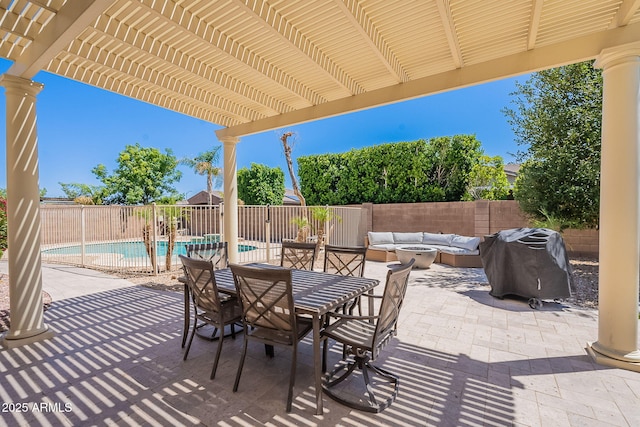 9345 W Robin Ln, Peoria, AZ 85383 - fenced backyard with outdoor lounge area, a pergola, a patio, and a grill