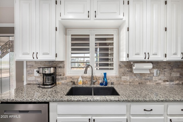 5484 E 36th Ave, Apache Junction, AZ 85119 - kitchen featuring stainless steel dishwasher, white cabinetry, tasteful backsplash, and light stone counters