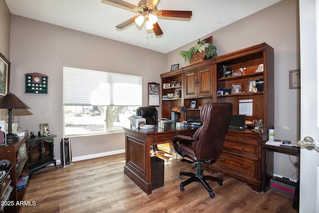 home office featuring ceiling fan and light hardwood / wood-style floors