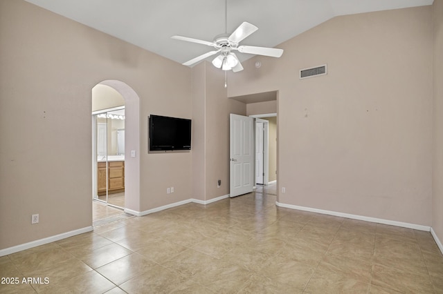 625 W Douglas Ave, Gilbert, AZ 85233 - spare room with ceiling fan, arched walkways, high vaulted ceiling, and light tile patterned floors
