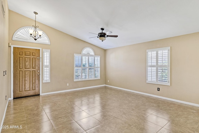 625 W Douglas Ave, Gilbert, AZ 85233 - foyer entrance with tile patterned floors, a chandelier, ceiling fan, and vaulted ceiling