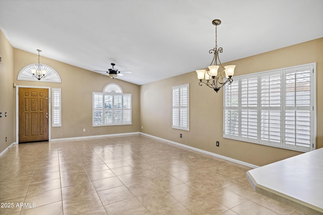 625 W Douglas Ave, Gilbert, AZ 85233 - entryway featuring a chandelier, tile patterned floors, ceiling fan, and vaulted ceiling