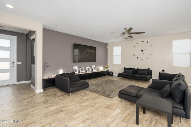 3247 E Creosote Ln, Gilbert, AZ 85298 - living room with a ceiling fan, light wood finished floors, baseboards, and recessed lighting