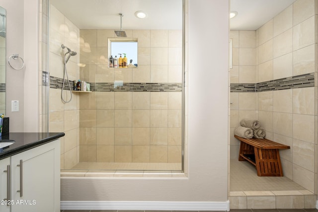3247 E Creosote Ln, Gilbert, AZ 85298 - full bathroom with a tile shower, vanity, and recessed lighting